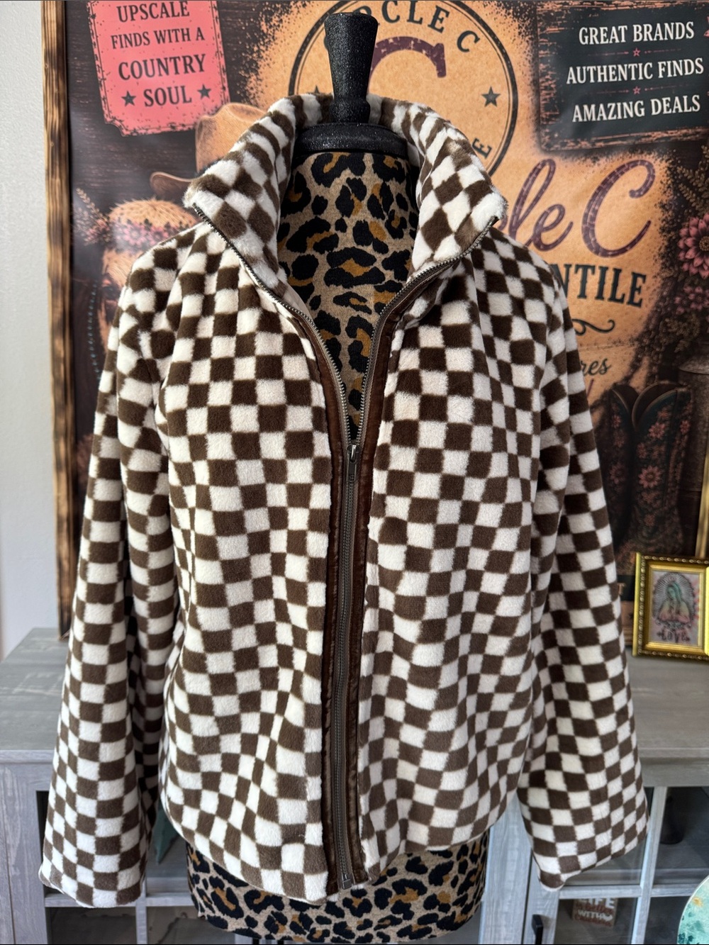 Mystree Brown & White Checkered Thick Fleece Jacket Size Large